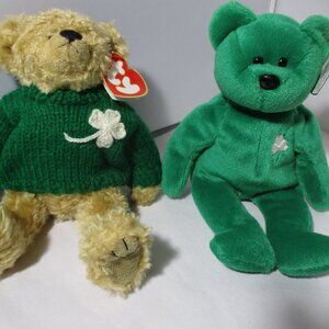 Bundle of 2 Irish Green Ty Beanie Babies Teddy Bears Erin and Blarney